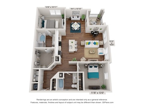 Floor plan for 2 beds, 2 baths, 1300 sqft